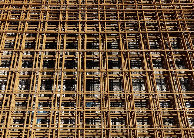 Stacked grids of rebar seen from above