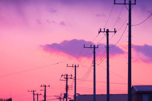 Utility poles at sunset
